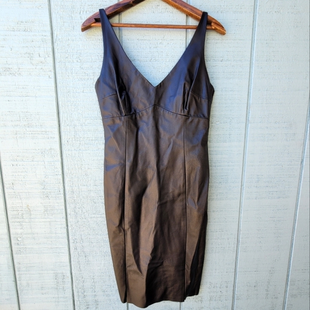 90s Ticci Tonetto Genuine Leather Mini Dress V-neck Black Medium LBD